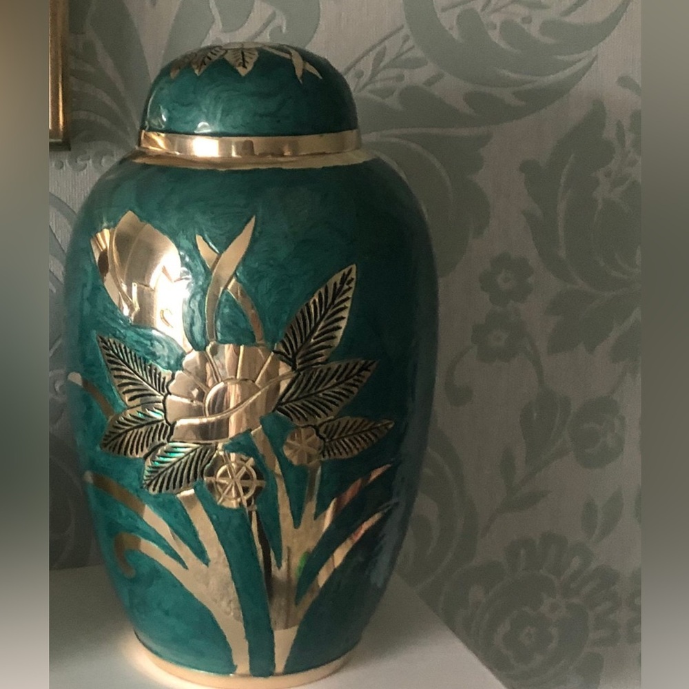 Large Dome Top Green Enamelled Brass Flower Adult /Pet Urn For Ashes